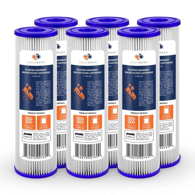 Aquaboon 1 Micron Pleated Water Filter 10 x 2.5 - Whole House Sediment Filter Replacement Cartridge Compatible with WFPFC3002, WHKF-WHPL, 6-Pack - Image 1